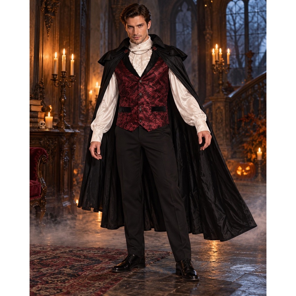 Blood Count Vampire Mens Medium Costume 3pc Vest Cape Mock Shirt Halloween